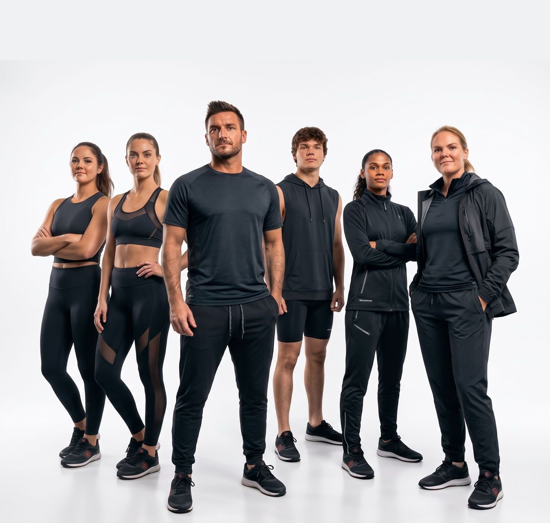 Athletes wearing custom gym and training wear: tees, hoodies, tracksuits, shorts and leggings